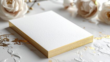 Elegant white card with gold gilded edges, styled with soft cream roses and marble background, perfect for invitations or stationery