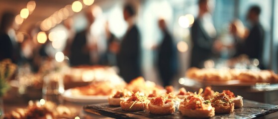 Buffet food with appetizers and blurry background of people during social gathering