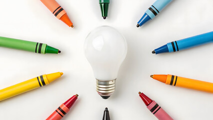 light bulb with crayons on white