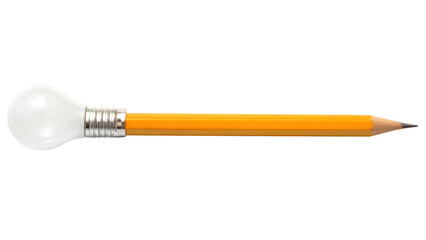 A sharp yellow wooden pencil with a creative light bulb pencil are isolated on a white background
