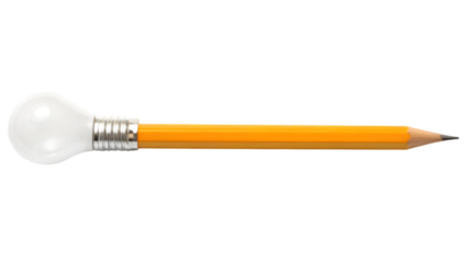 A sharp yellow wooden pencil with a creative light bulb pencil are isolated on a white background