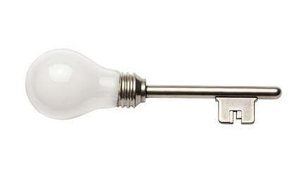 An isolated glass light bulb key on a white background represents inspiration and innovation