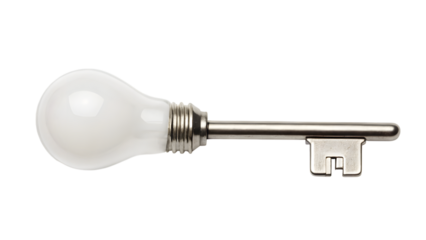 An isolated glass light bulb key on a white background represents inspiration and innovation