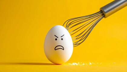 Angry egg facing impending whisk attack on a vibrant yellow background, symbolizing pressure, frustration, and a difficult situation in the kitchen