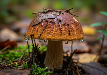 Close-Up of Forest Mushroom with Water Droplets and Mossy Ground
