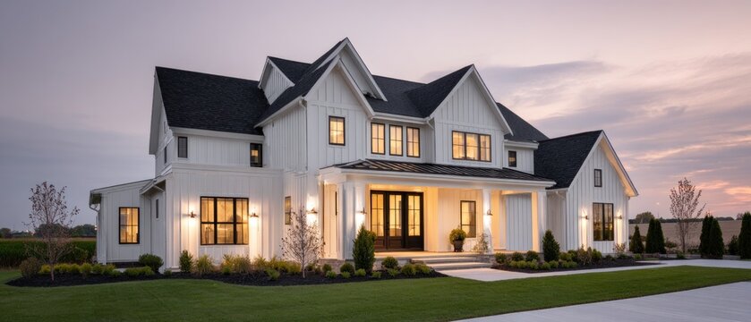 Modern white house exterior with black roof and landscaping at dusk