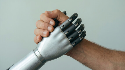 a close up view of a human hand firmly grasping the metallic fingers of a robotic prosthetic hand symbolizing integration