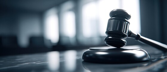 Close up of a wooden gavel on a table in a courtroom setting