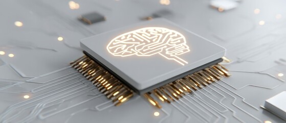 Artificial intelligence concept image with a glowing brain graphic on a chip