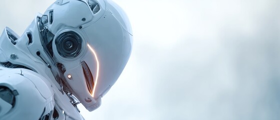Futuristic robot head close up against bright background with glowing accents