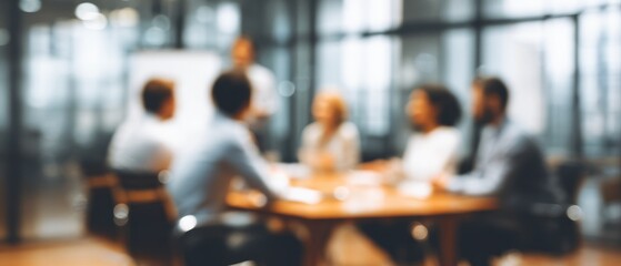 Blurred view of business meeting in conference room with diverse team