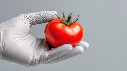 Gloved hand holding a ripe tomato against a plain background fresh produce