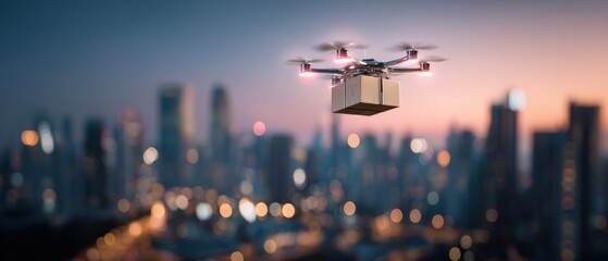 Drone delivering package over city skyline during twilight conceptual illustration