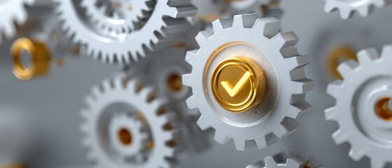 Gear mechanisms with gold checkmark representing processes and success