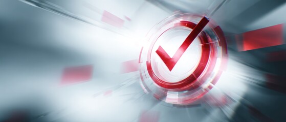 Abstract red check mark symbol inside a circle against a blurred background