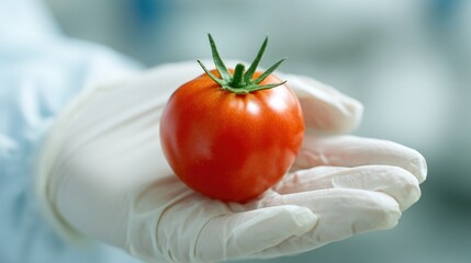 Fresh red tomato held in gloved hand isolated closeup food and science concept