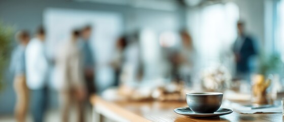 Coffee cup on table with blurred people in the background during a meeting