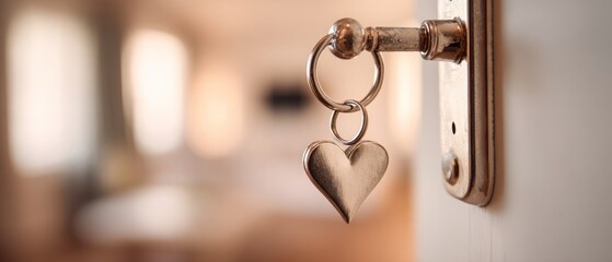 Heart shaped key fob on door handle close up with soft background