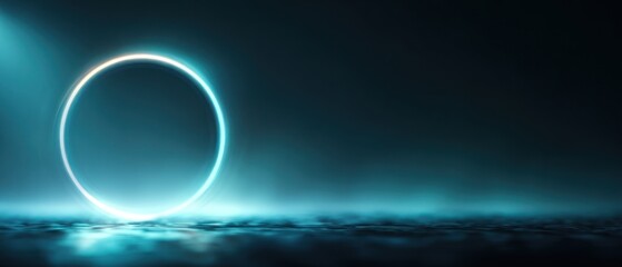 Abstract neon circle glowing in a dark background with copy space for design