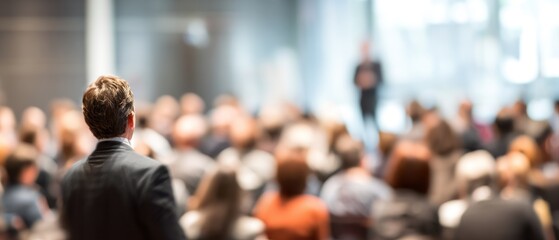 Presenter speaking to audience at conference or meeting event blurred background