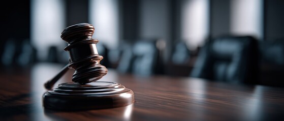 Wooden gavel on a table in a courtroom symbolizing law and justice