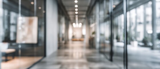 Blurred view of office hallway with glass walls and ceiling lights abstract background
