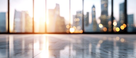 Modern office interior with large window overlooking city skyline at sunset