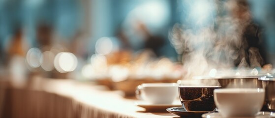 Steaming coffee cups on table warm light and bokeh background