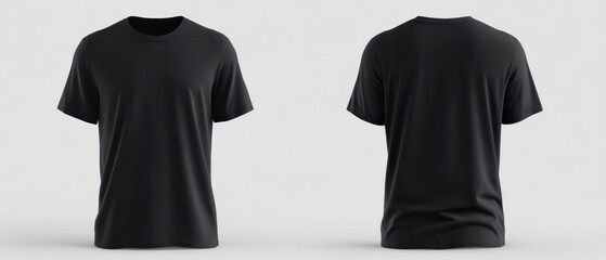 Black t shirt mockup front and back views isolated on white background