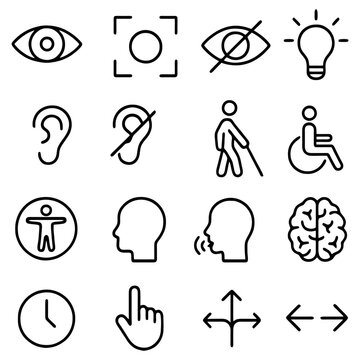 Visual Impairment Awareness: A series of symbolic icons representing various impairments, including vision, hearing, and mobility