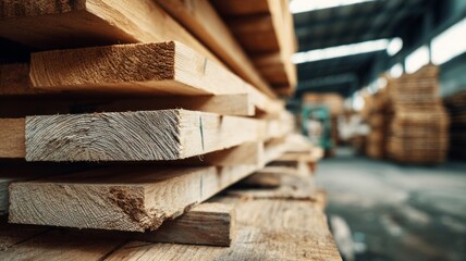 Stacked wooden beams in warehouse with soft lighting. AI generated