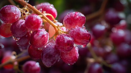 Close-up of ripe grapes on vine in sunlit vineyard. AI generated