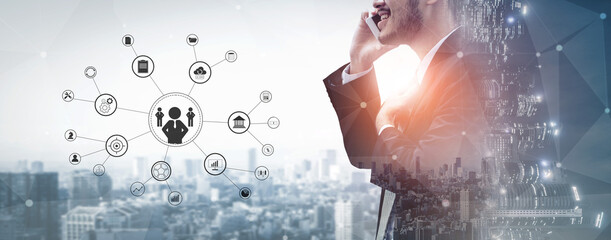 A concept of centralized business management and corporate strategy. A leadership team connecting...