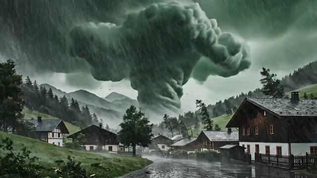 A dramatic storm with a tornado and lightning strikes a mountain village in Austria