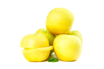 Fresh Yellow Apples with Water Droplets and Mint Leaf © ChuThi