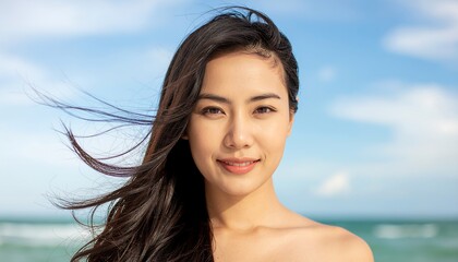 Asian woman smiling outdoors