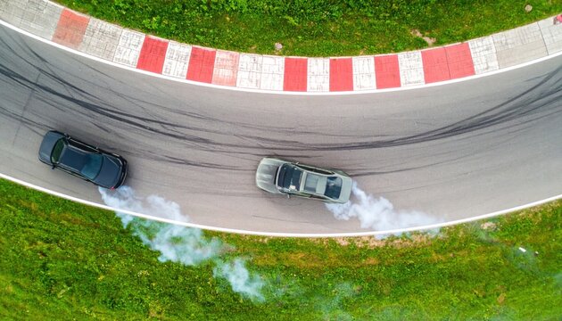Aerial top view of two cars drifting with tire smoke on a race track curve, showcasing professional motorsport action and precision driving.