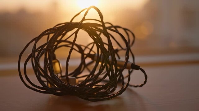 A tangled mass of black wires rests on a wooden surface as the warm sunlight shines in the background. This tangled wires scene captures the complexity and chaos of everyday objects.