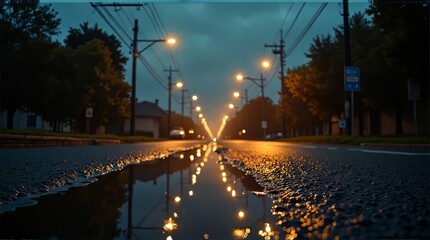 Naklejka premium Night Street with Puddle Reflection