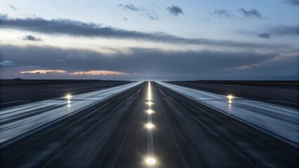 Safe Flight Wide runway illuminated at dusk, leading into a dramatic sky with clouds and fading light.