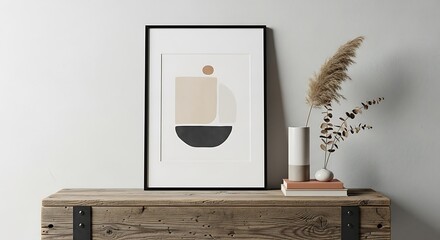 Modern framed abstract art print on rustic wood, with neutral geometric shapes, pampas grass, and books, creating a serene minimalist interior vignette