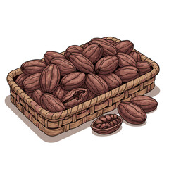 Cocoa Beans in Wicker Basket Illustration with Open Bean Showing Nibs