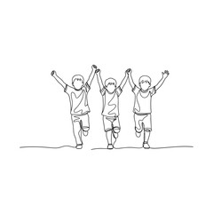 Continuous line drawing: Three happy children running hand in hand, celebrating friendship and teamwork. Minimalist childhood illustration.