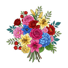 Bright and Colorful Flower Bouquet Illustration with Roses, Lilies, and Hydrangeas