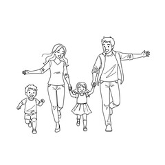 Happy family running hand in hand, parents and two children. Joyful togetherness. Black and white line art illustration.