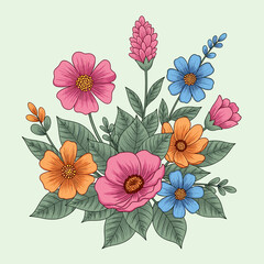 Vibrant Hand-Drawn Floral Bouquet Illustration. Colorful Flowers with Green Leaves on Light Background. Botanical Art.