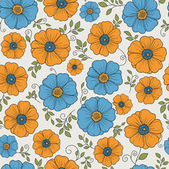 Seamless Floral Pattern with Hand-Drawn Blue and Orange Flowers. Retro Botanical Design for Fabric, Wallpaper, or Background.
