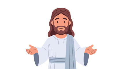 Jesus Christ with open arms welcoming people with a friendly smile.