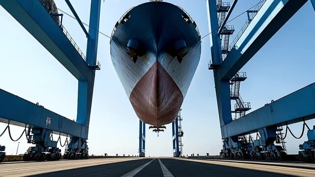 Massive Ship Hull Suspended by Industrial Cranes in Dry Dock.