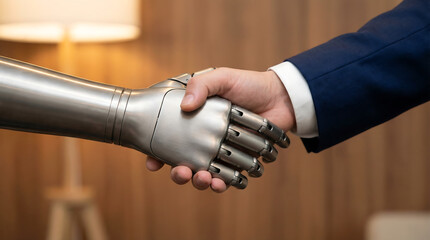 a close up view of a human hand firmly shaking hands with a metallic robotic hand symbolizing collaboration high quality professional
